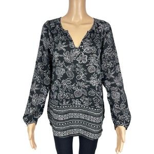 Old Navy Long Sleeve V Neck Black Floral Rayon Blouse Size M